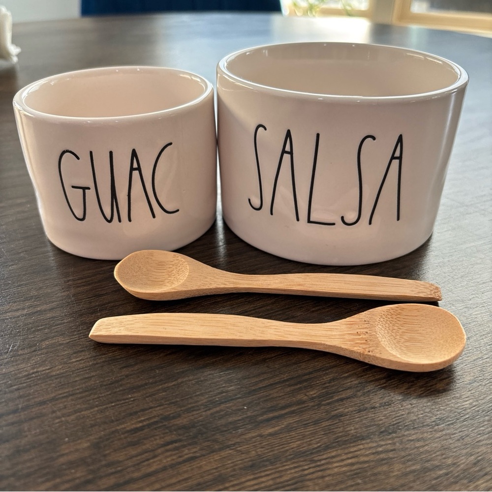 Rae Dunn White Guac and Salsa Bowls with Bamboo Spoons